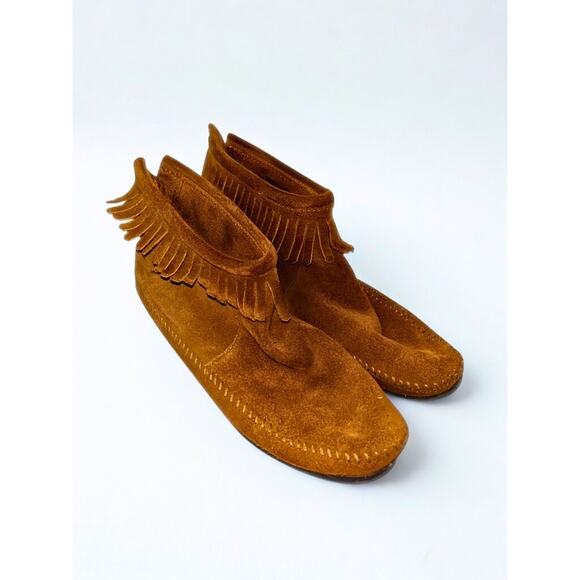 Minnetonka 283 Back Zip Fringe Ankle Boots Suede Brown Women’s Sz 9 w/ Box - Picture 9 of 16